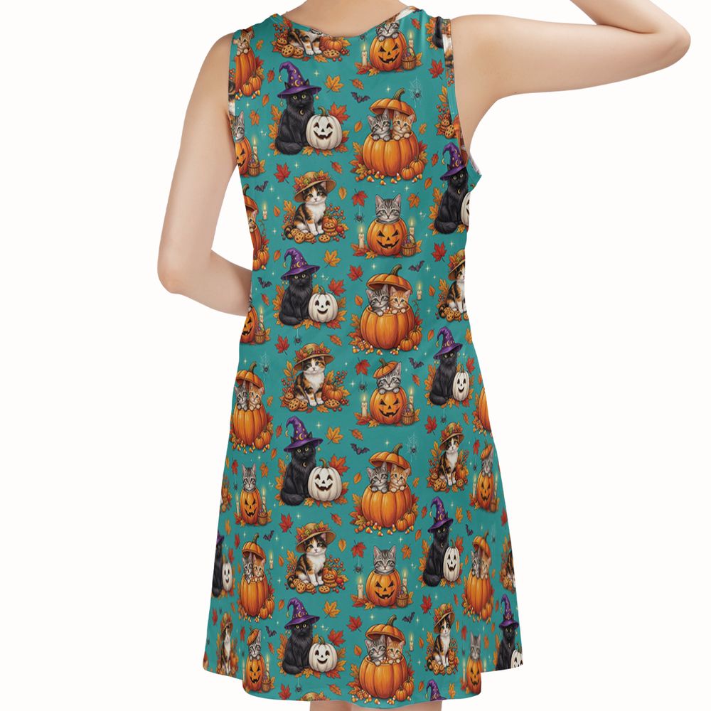 Festive Fall Pumpkin & Witch Cat Sleeveless Dress -  - 2