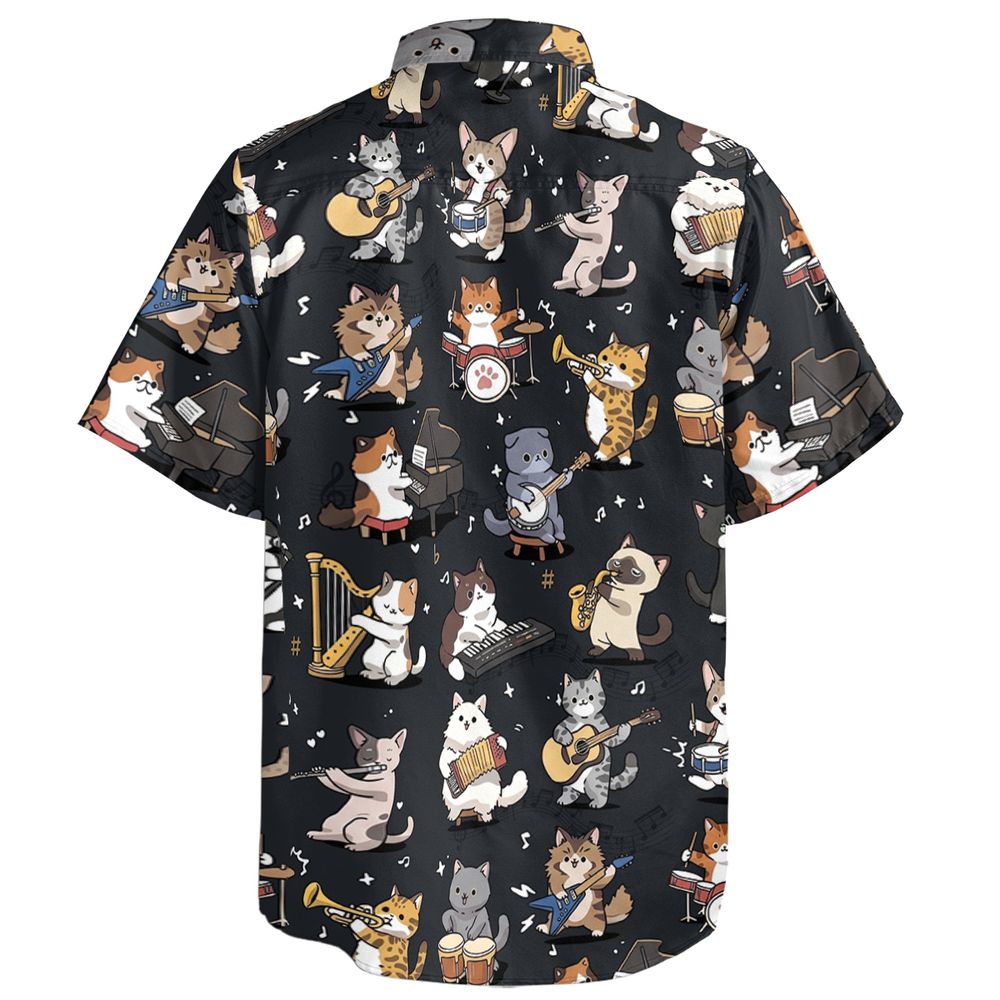 Cat Band Musical Instruments Short Sleeve Button Shirt -  - 2