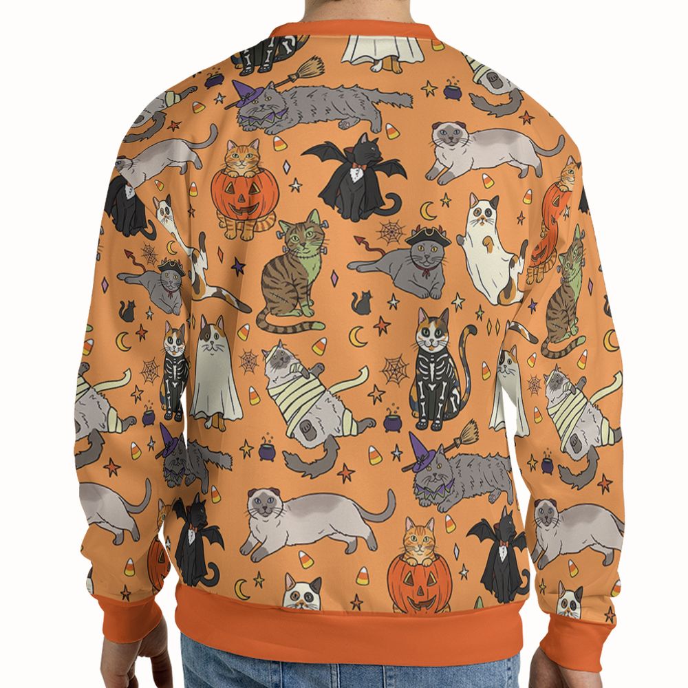 Spooky Orange Halloween Costume Cats Pattern Full Print Sweatshirt -  - 2