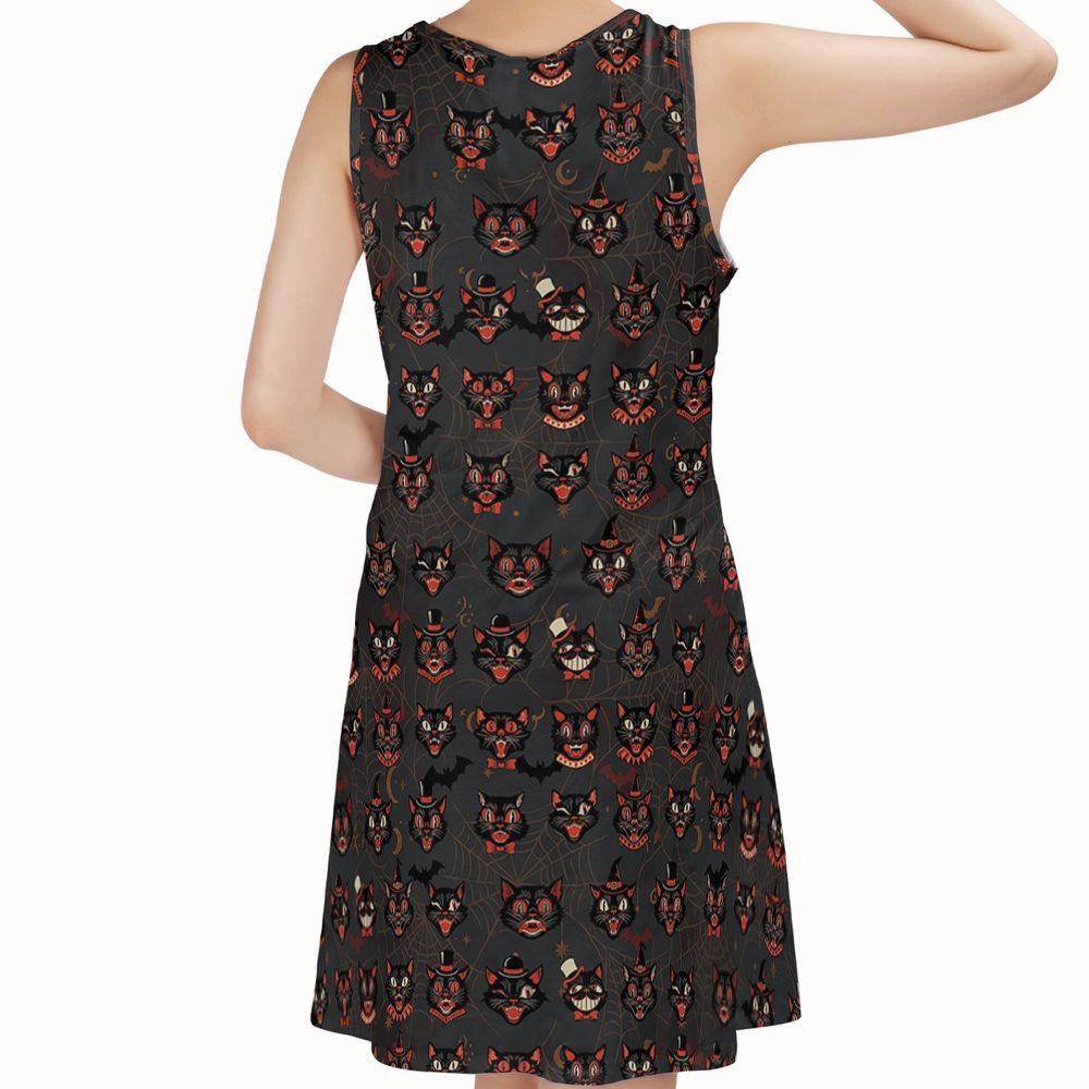 Retro Spooky Black Cat Halloween Sleeveless Dress -  - 2