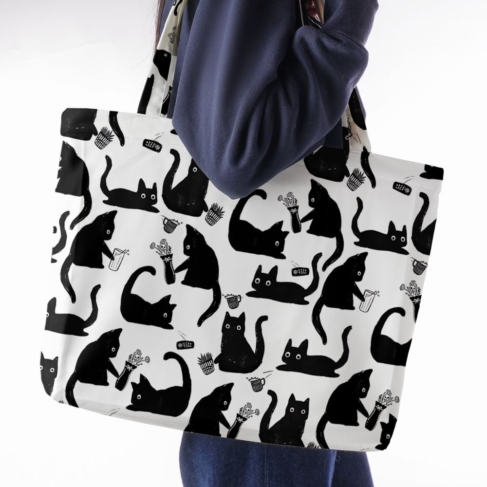 Mischievous Black Cat Pattern Large Tote Bag -  - 2
