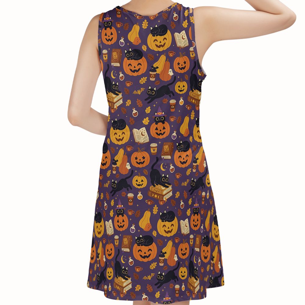 Purple Spooky Black Cat & Pumpkin Magic Sleeveless Dress -  - 2