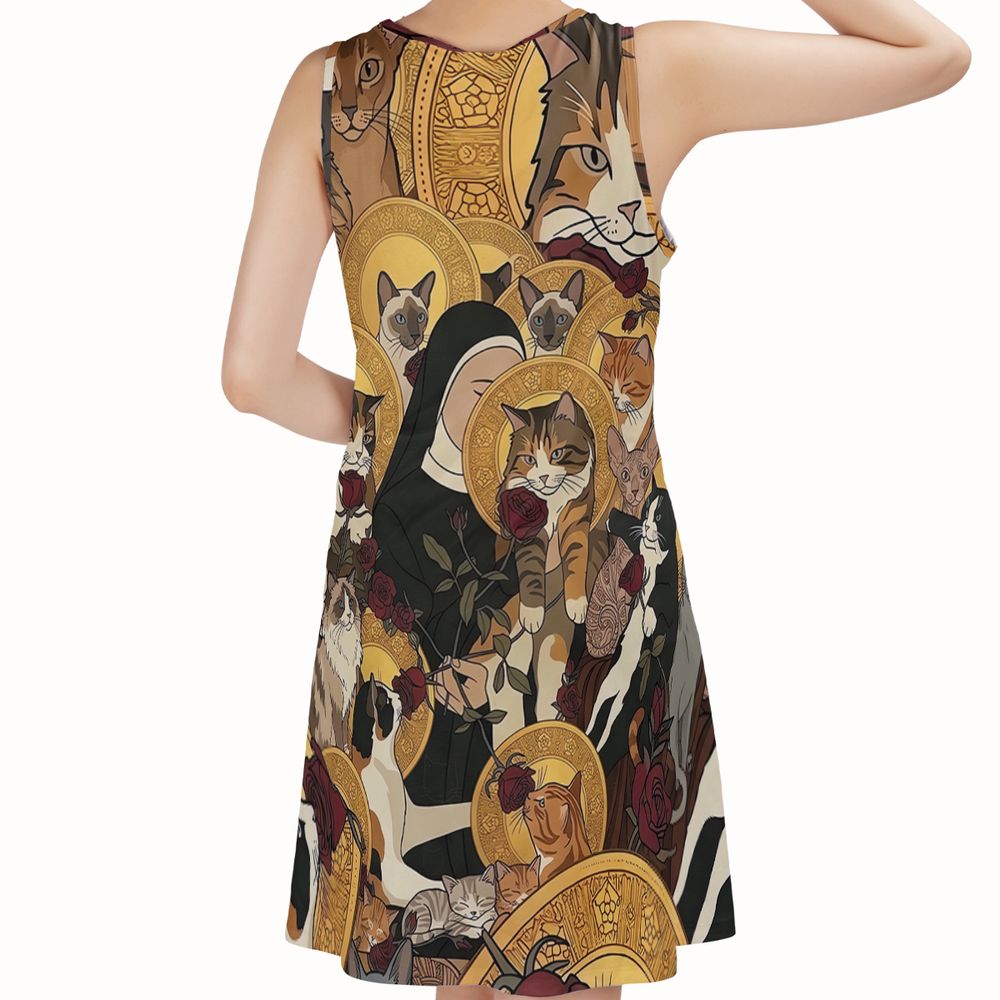 Sacred Feline Renaissance Art Sleeveless Dress -  - 2