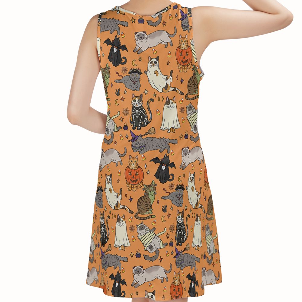 Spooky Orange Halloween Costume Cats Pattern Sleeveless Dress -  - 2