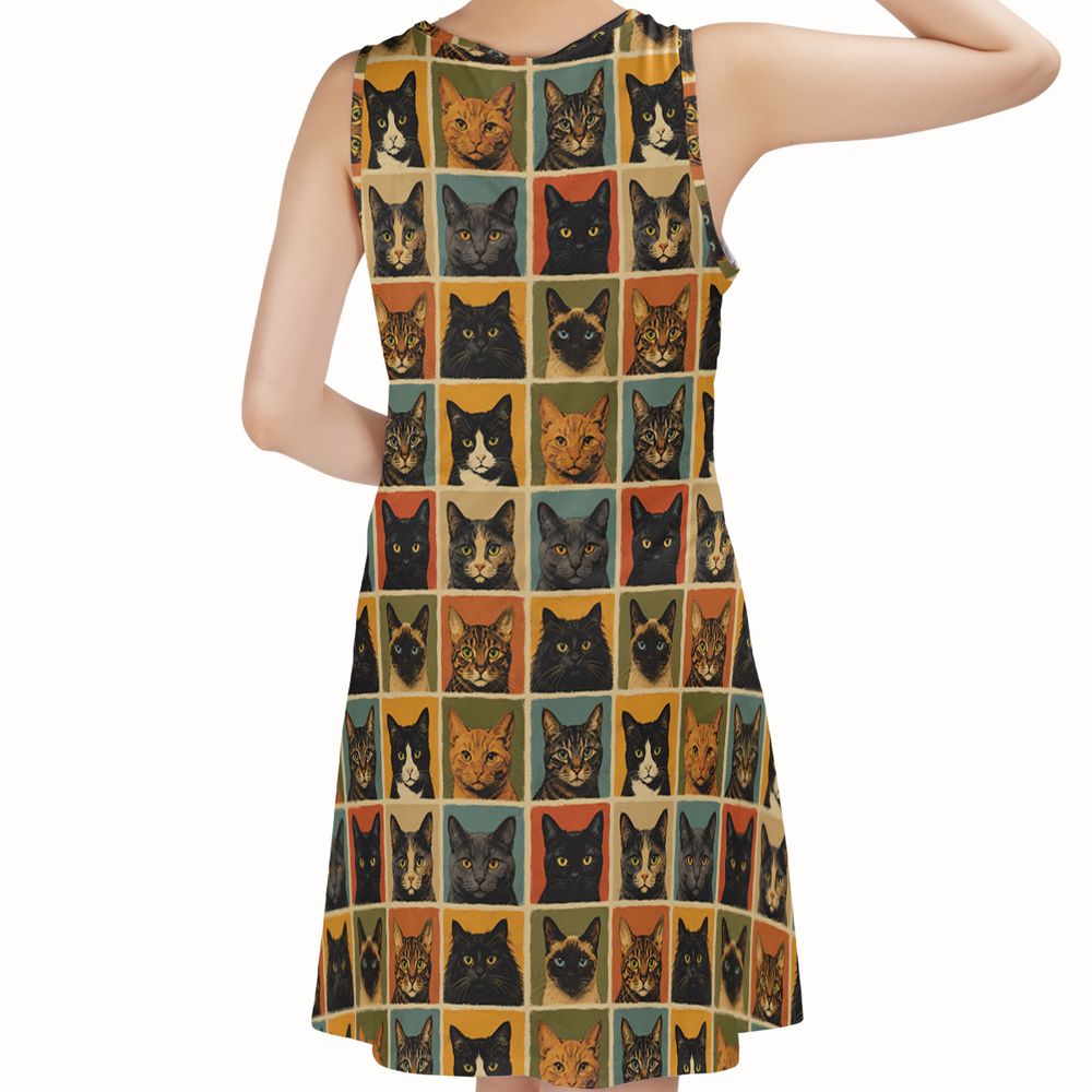 Retro Cat portrait Sleeveless Dress -  - 2