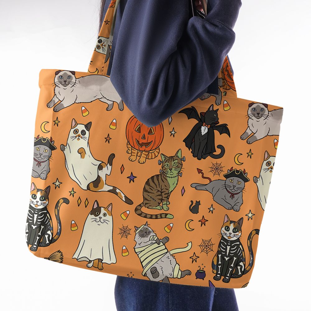 Spooky Orange Halloween Costume Cats Pattern Large Tote Bag -  - 2