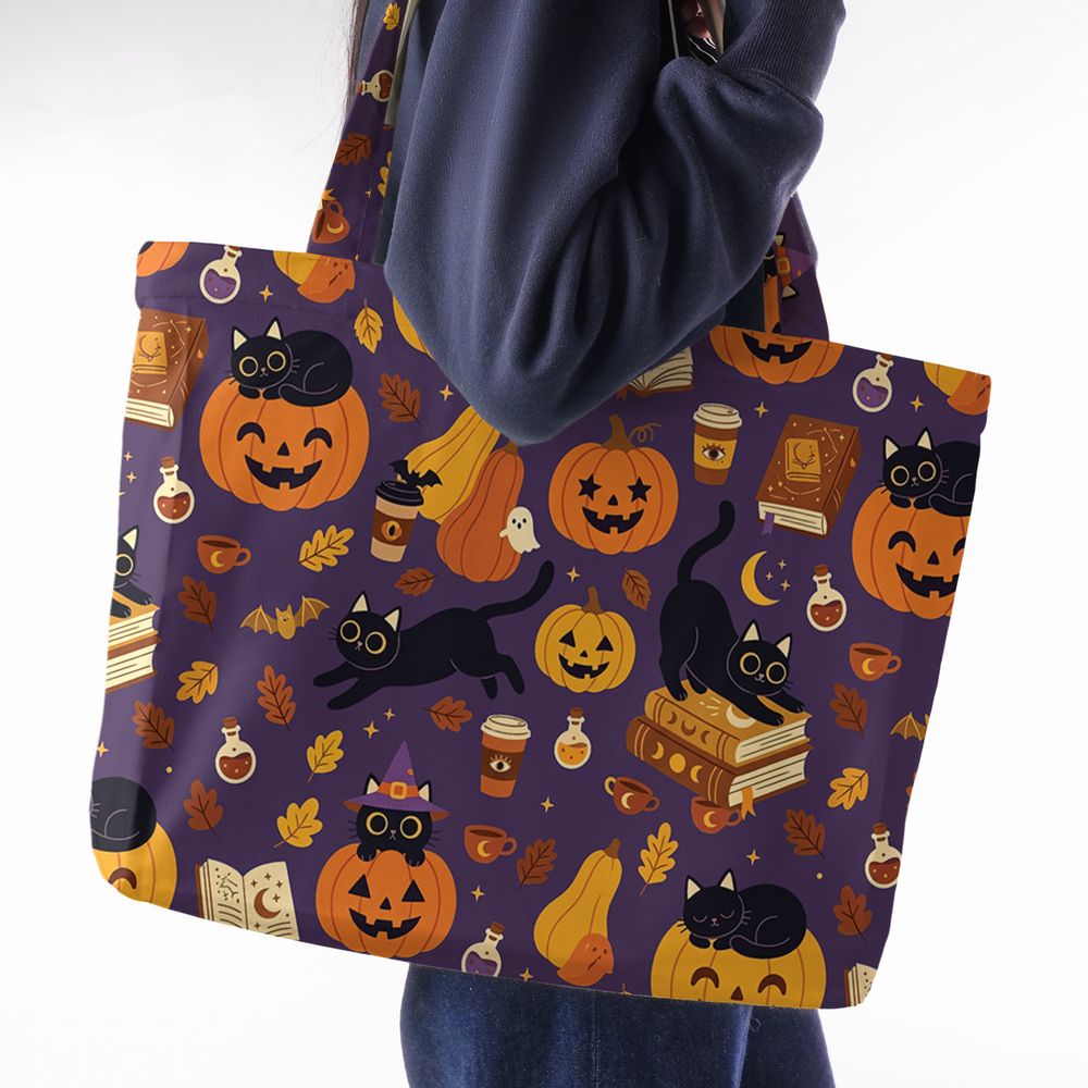 Purple Spooky Black Cat & Pumpkin Magic Large Tote Bag -  - 2