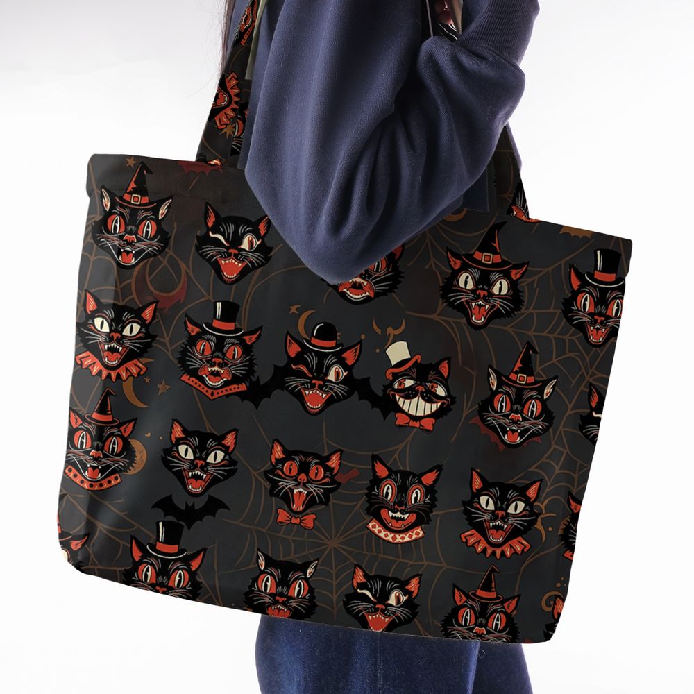 Retro Spooky Black Cat Halloween Large Tote Bag -  - 2