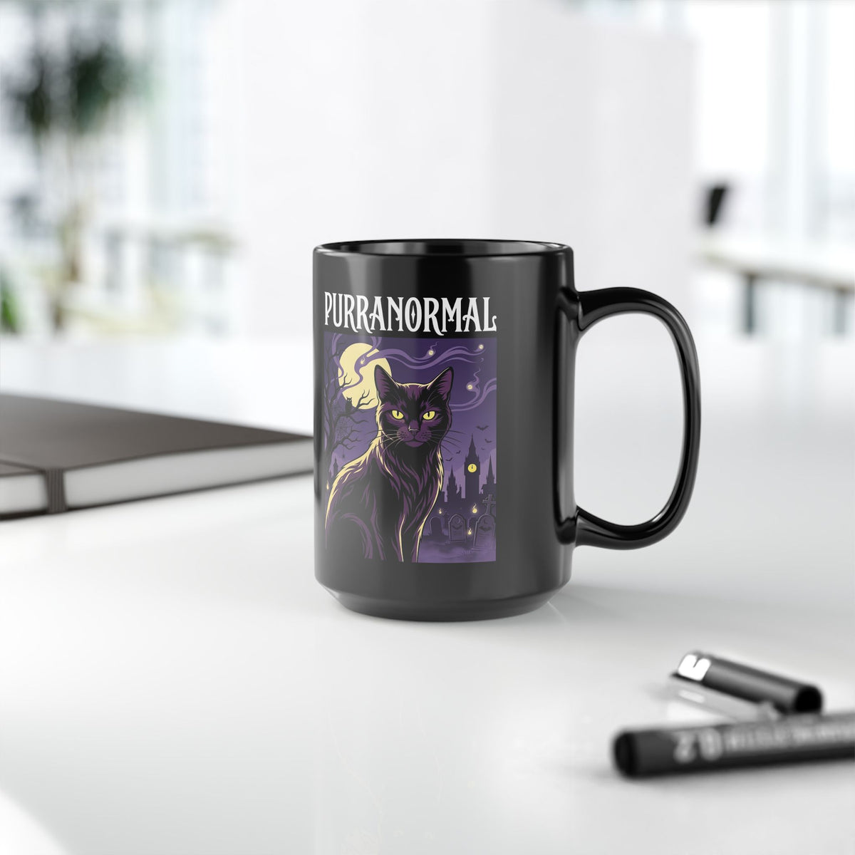 Purranormal Cat Black Mug — Paranormal Cat Spooky Cat Graphic Mug
