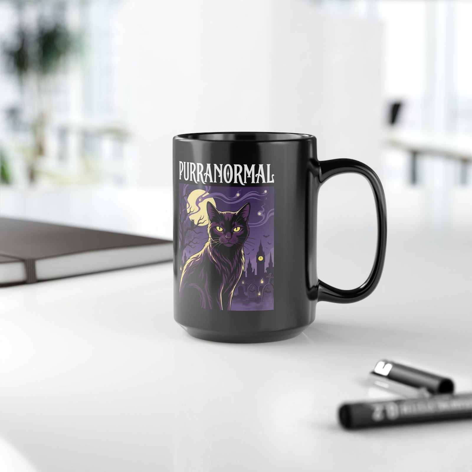 Purranormal Cat Black Mug — Paranormal Cat Spooky Cat Graphic Mug