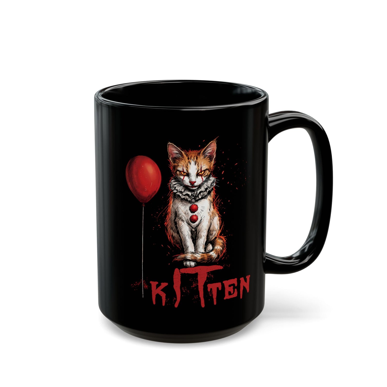 KITTEN Horror Clown Black Mug — Spooky Orange Tabby Clown Cosplay Drinkware