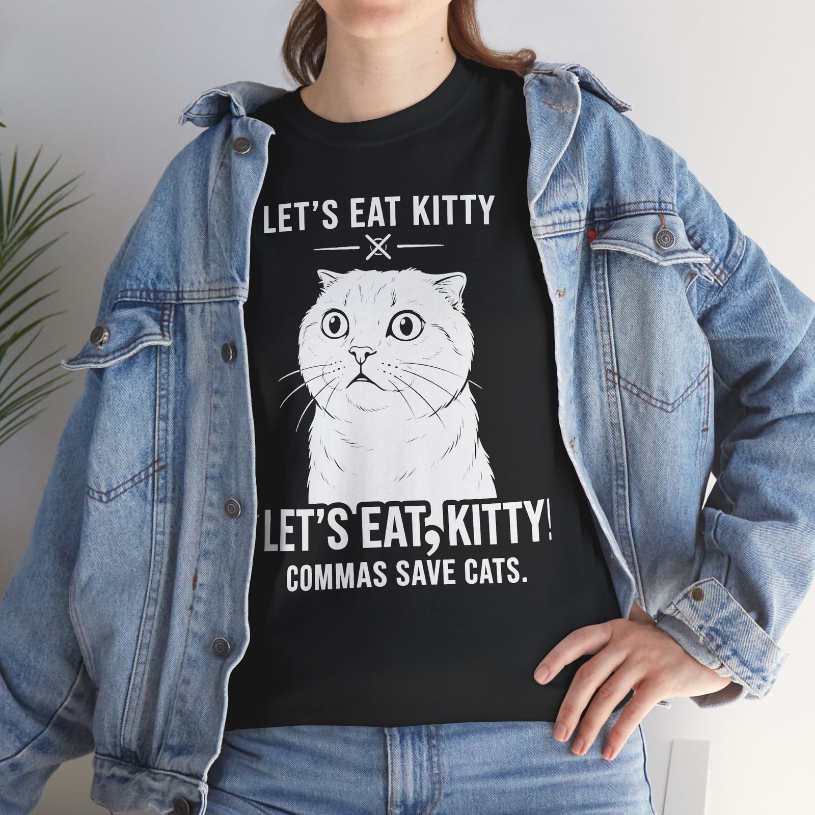 Let’s Eat, Kitty T-Shirt — Funny Grammar Cat Tee ("Commas Save Cats")