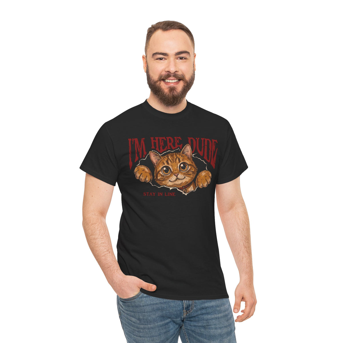 I'm Here Dude Cat T-Shirt — Funny Orange Tabby Ripped Graphic Tee