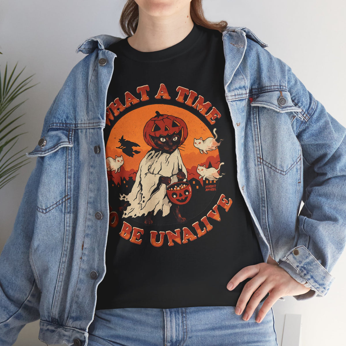 What A Time To Be Unalive Black Cat Ghost Sheet Shirt — Retro Halloween T-Shirt