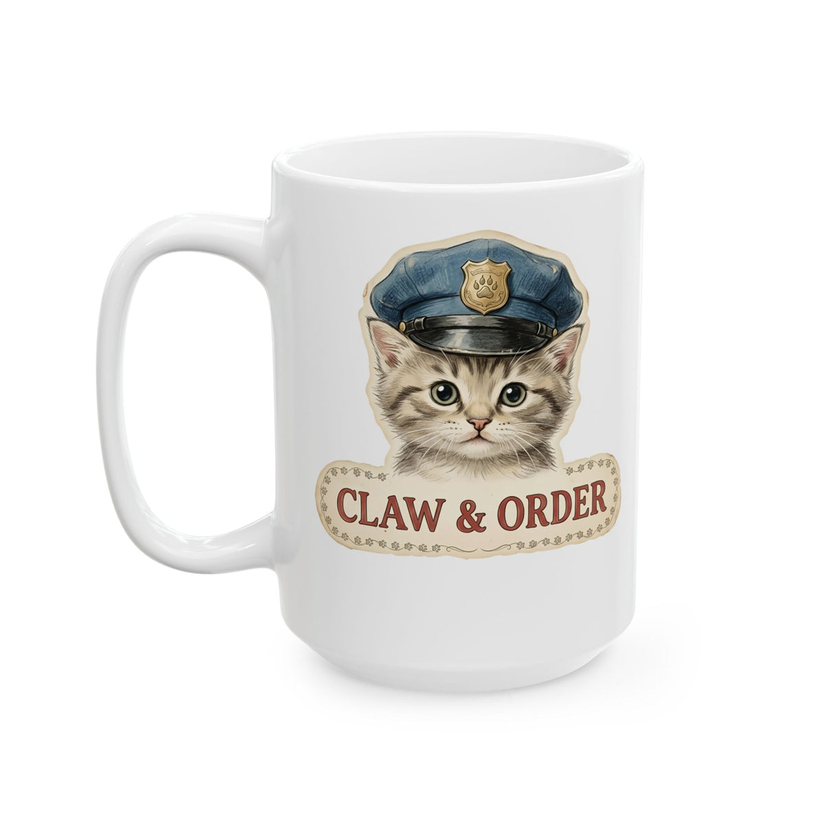 Claw and Order Cat Ceramic Mug — Funny Cat Crime Pun Mug