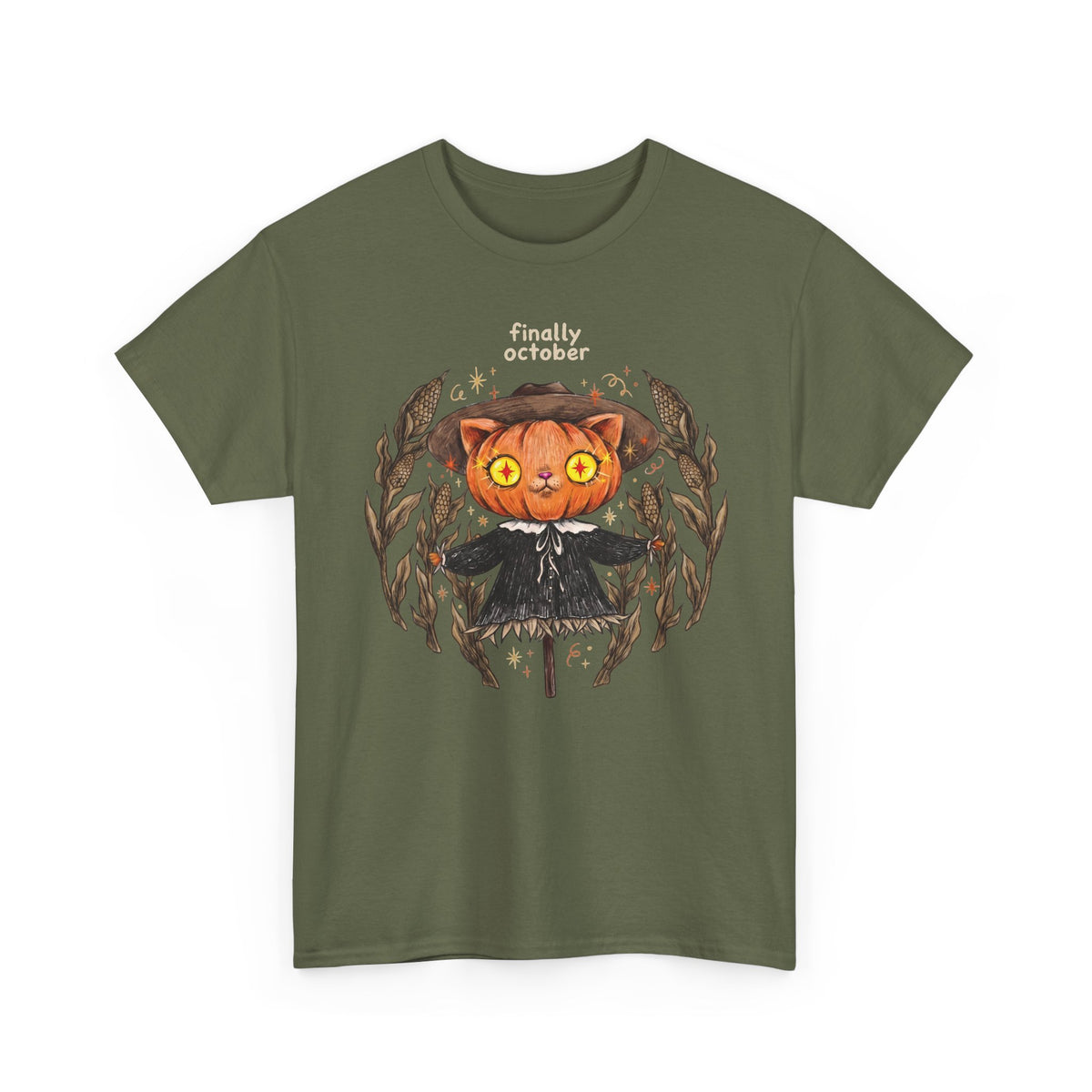Finally October Pumpkin Cat Scarecrow T-Shirt — Vintage Autumn Halloween Tee