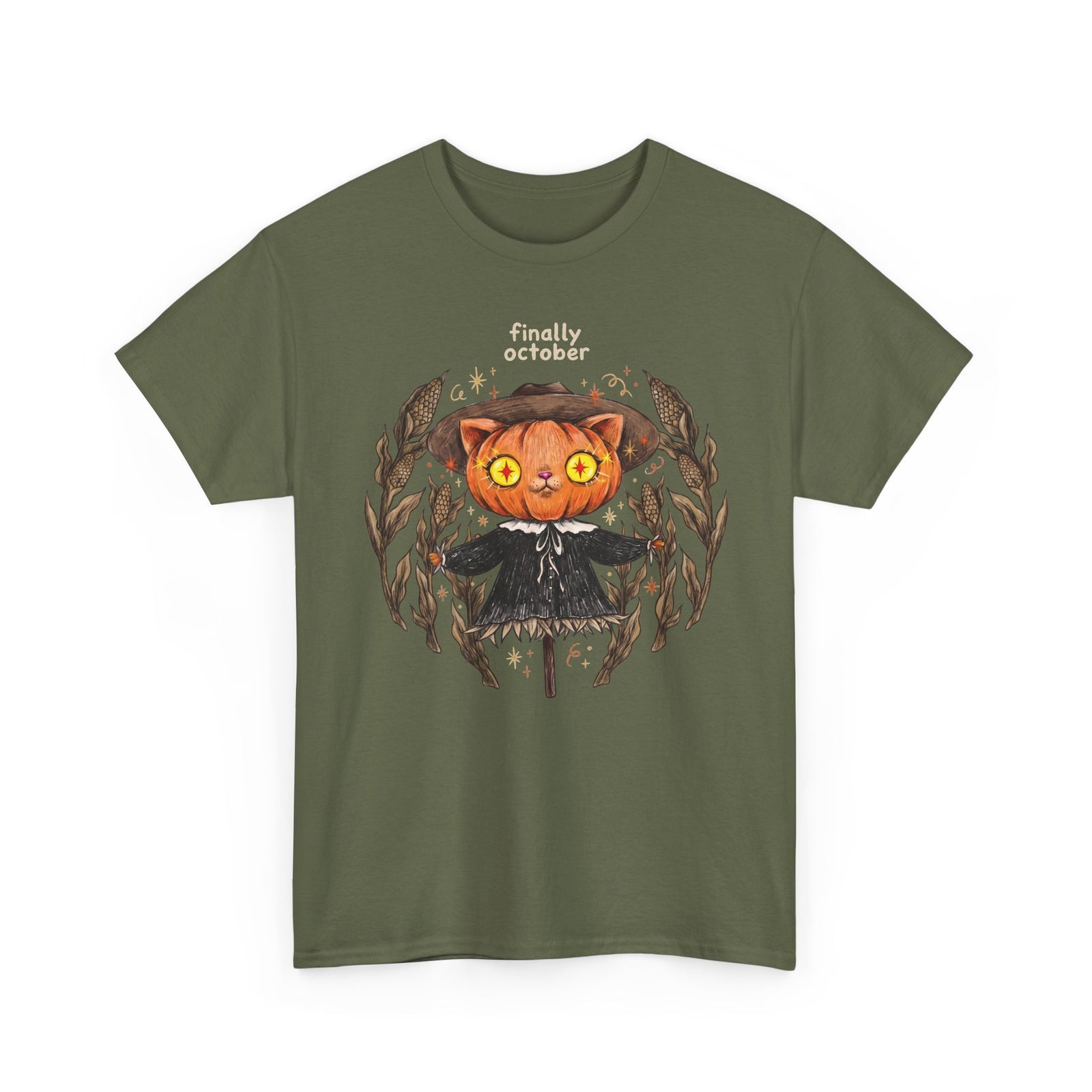 Finally October Pumpkin Cat Scarecrow T-Shirt — Vintage Autumn Halloween Tee