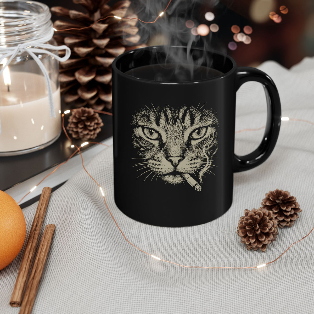 Smoking Cat Black Mug — Vintage Grunge Cat Graphic Mug
