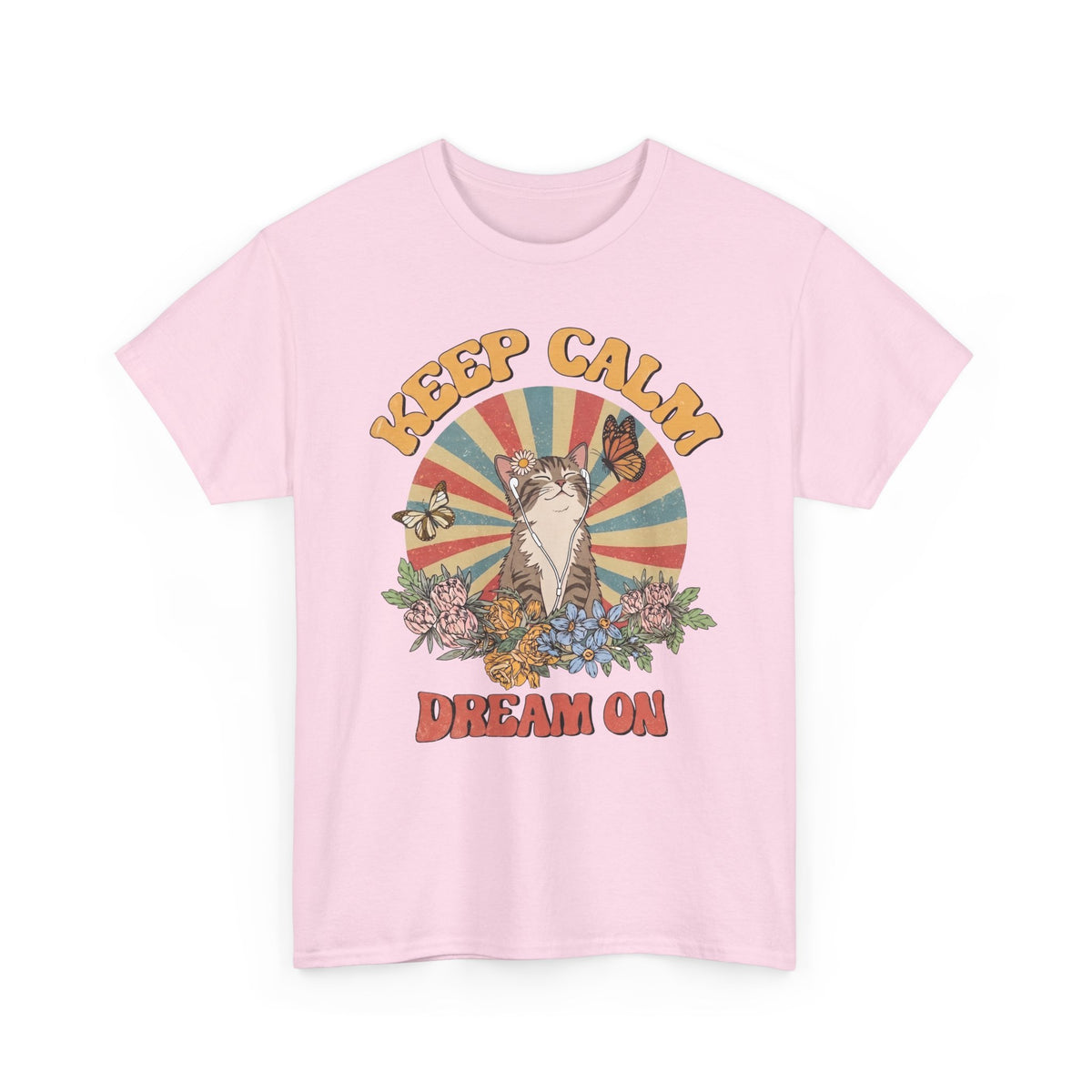 Keep Calm Dream On Cat T-Shirt — Retro 70s Hippie Feline Graphic
