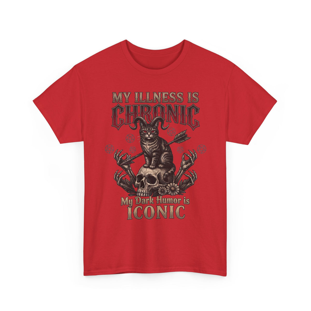 My Illness Is Chronic My Dark Humor Is Iconic T-Shirt — Gothic Horned Cat Tee