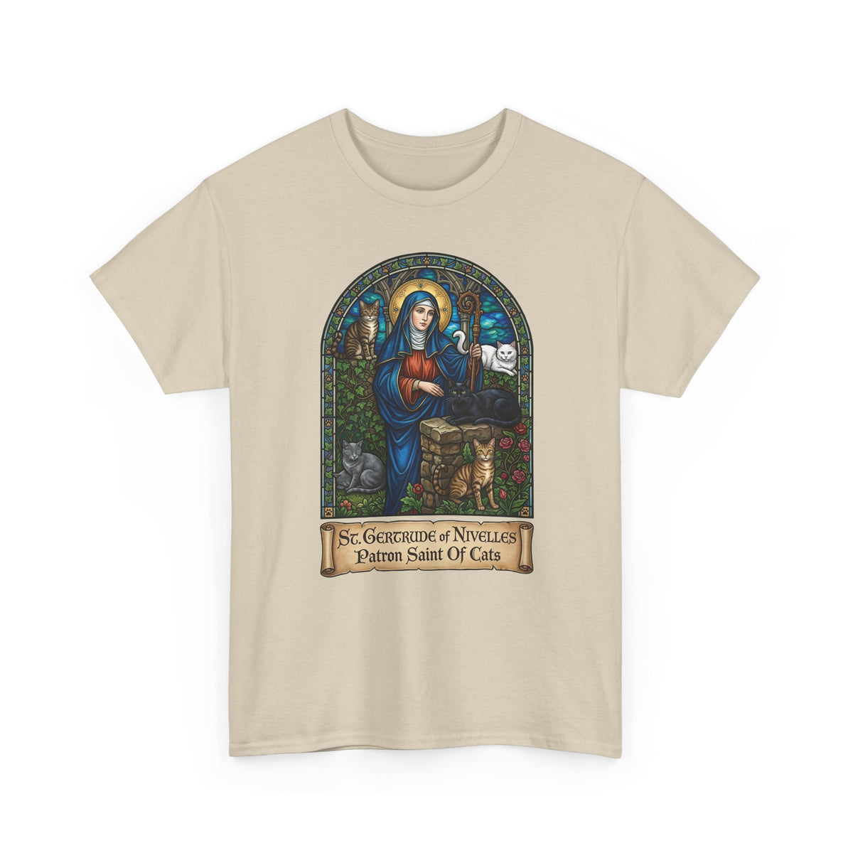 Saint Gertrude of Nivelles Cat Patron T-Shirt — Patron Saint of Cats Tee