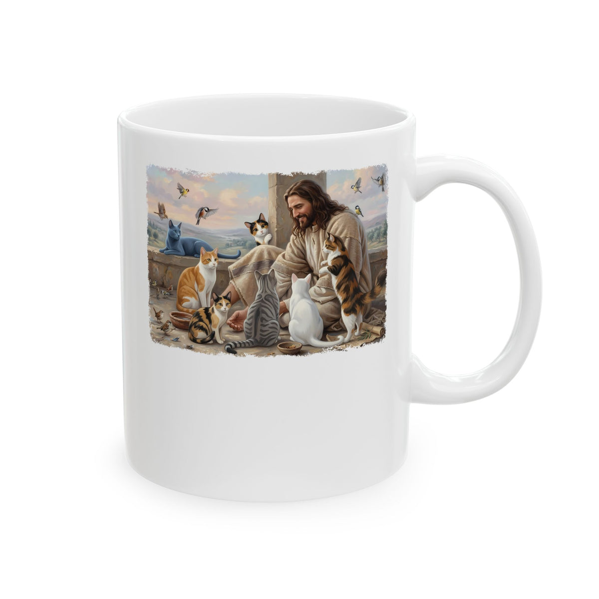 Jesus Surrounded by Cats Ceramic Mug — Religious Cat Lover Mug