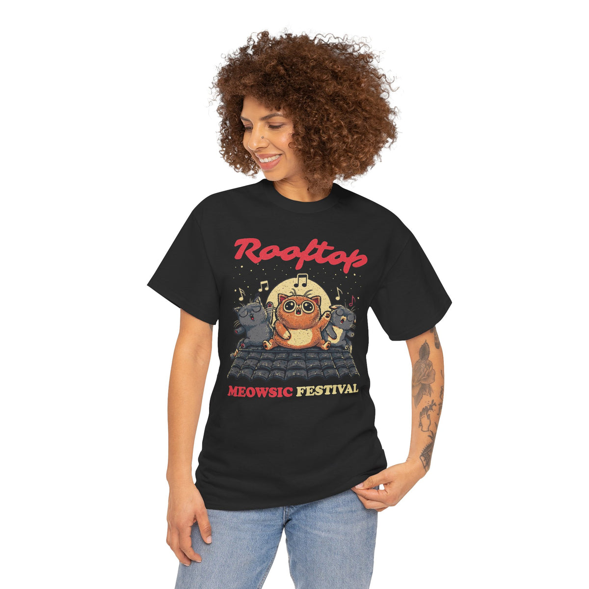 Rooftop Meowgic Festival Tee — Cute Cat Concert Graphic T-Shirt