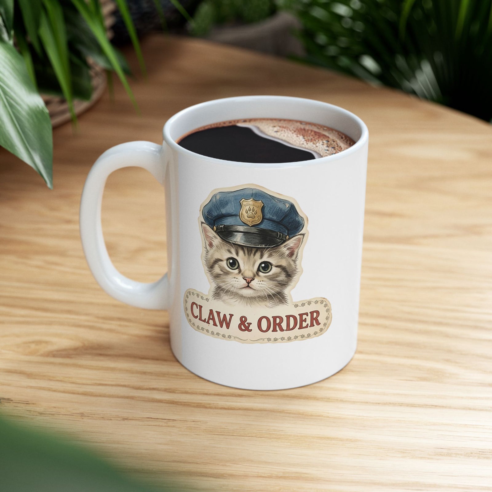 Claw and Order Cat Ceramic Mug — Funny Cat Crime Pun Mug