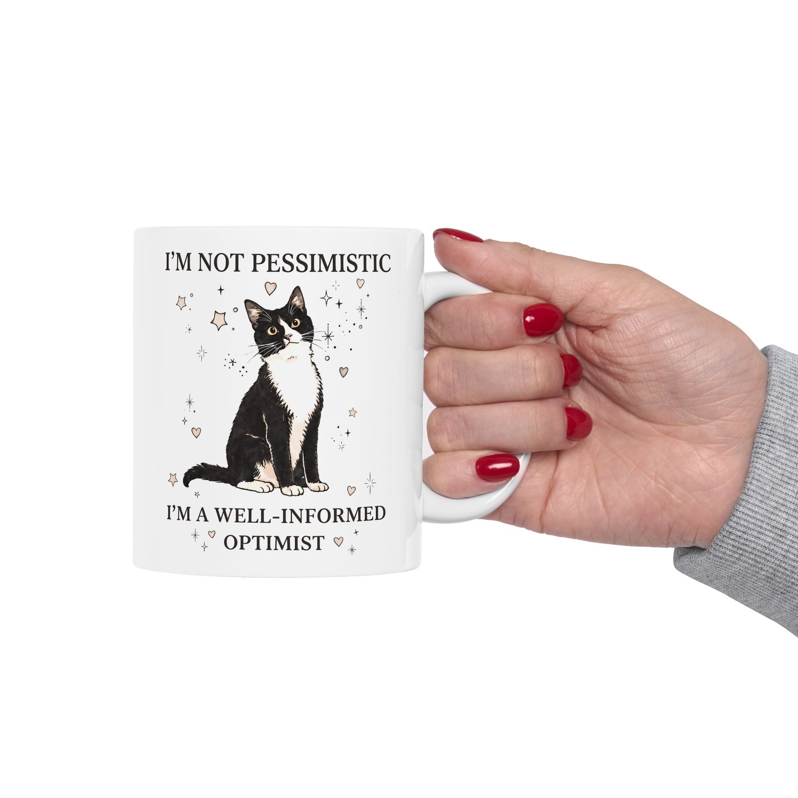 Well-Informed Optimist Tuxedo Cat Ceramic Mug — Funny Sarcastic Feline Graphic Mug