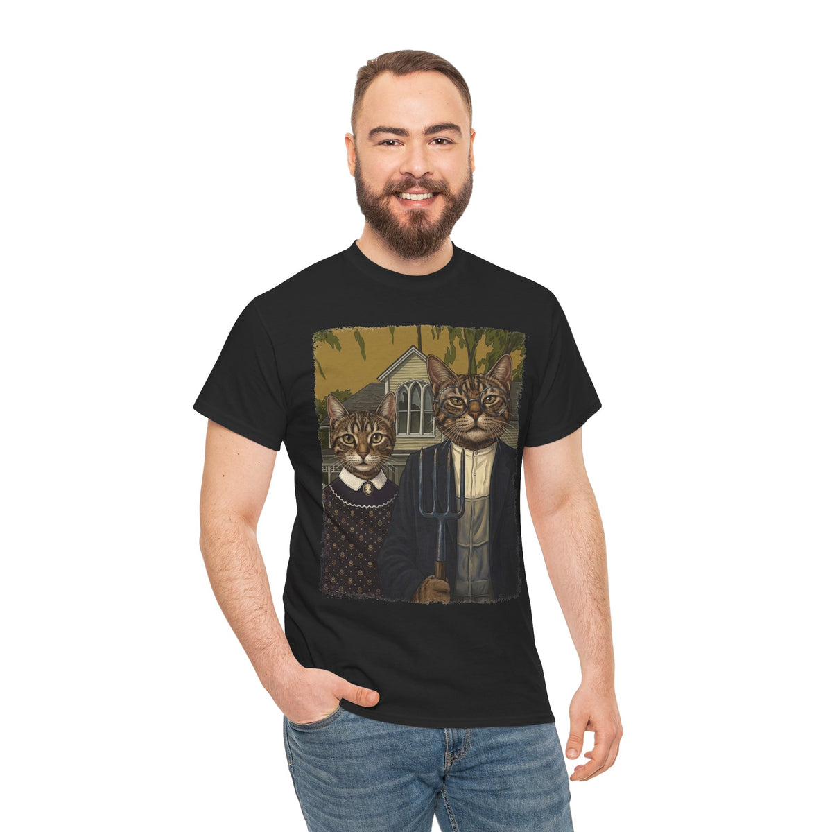 Gothic Cat Couple Tee — Parody ‘American Gothic’ Cat Portrait T-Shirt