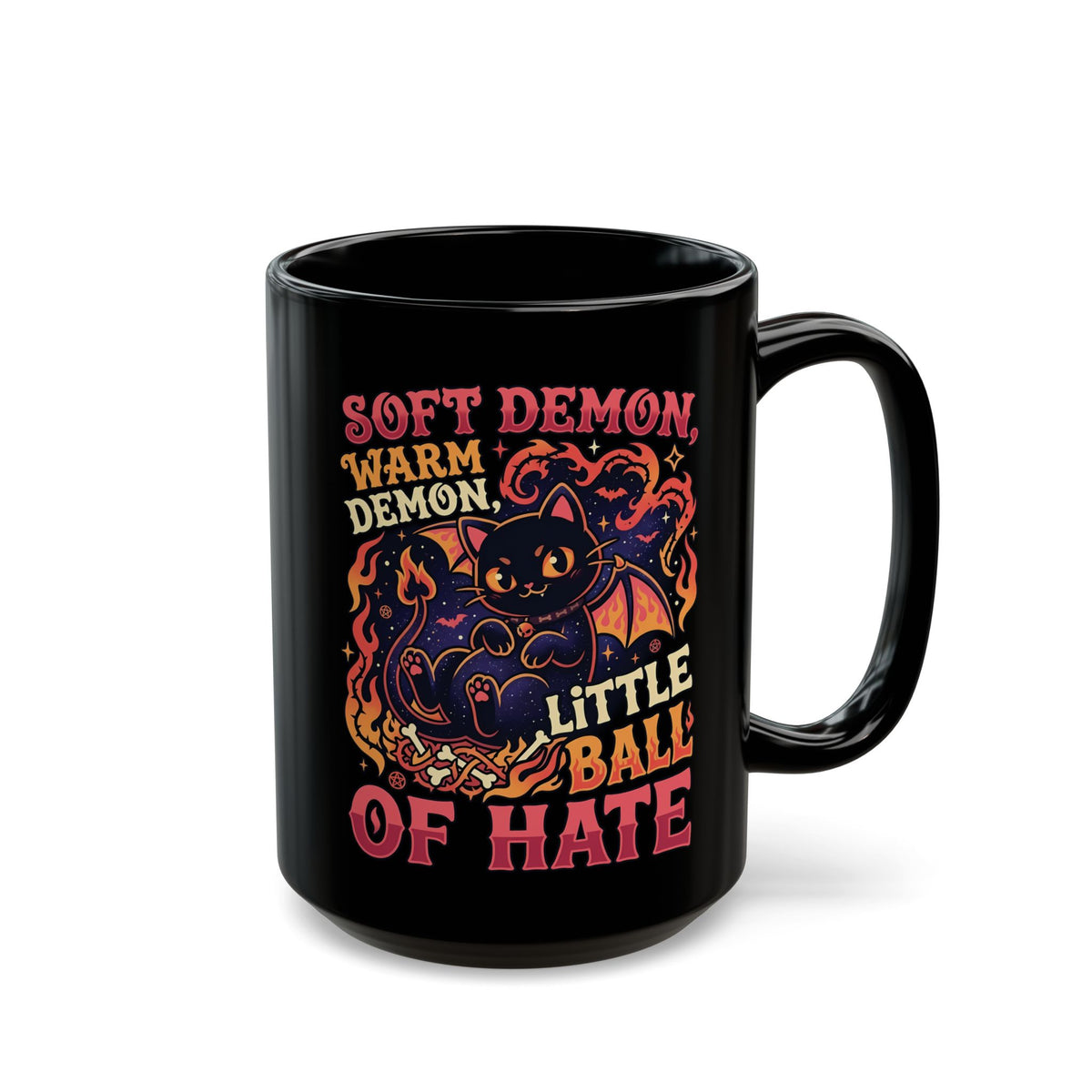 Soft Demon Cat Black Mug — "Little Ball of Hate" Cute Demon Kitty Mug