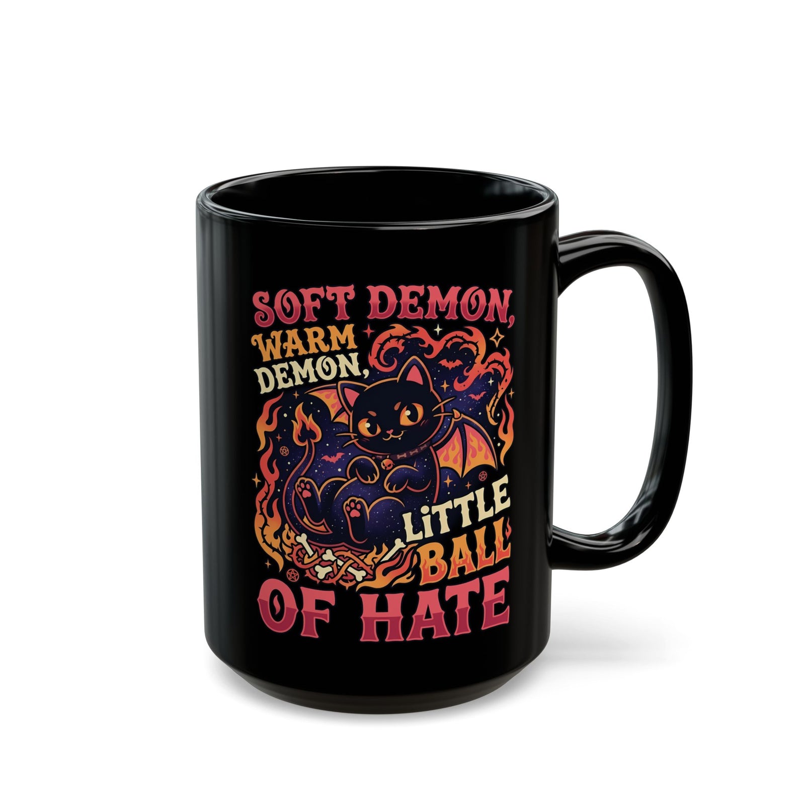 Soft Demon Cat Black Mug — "Little Ball of Hate" Cute Demon Kitty Mug