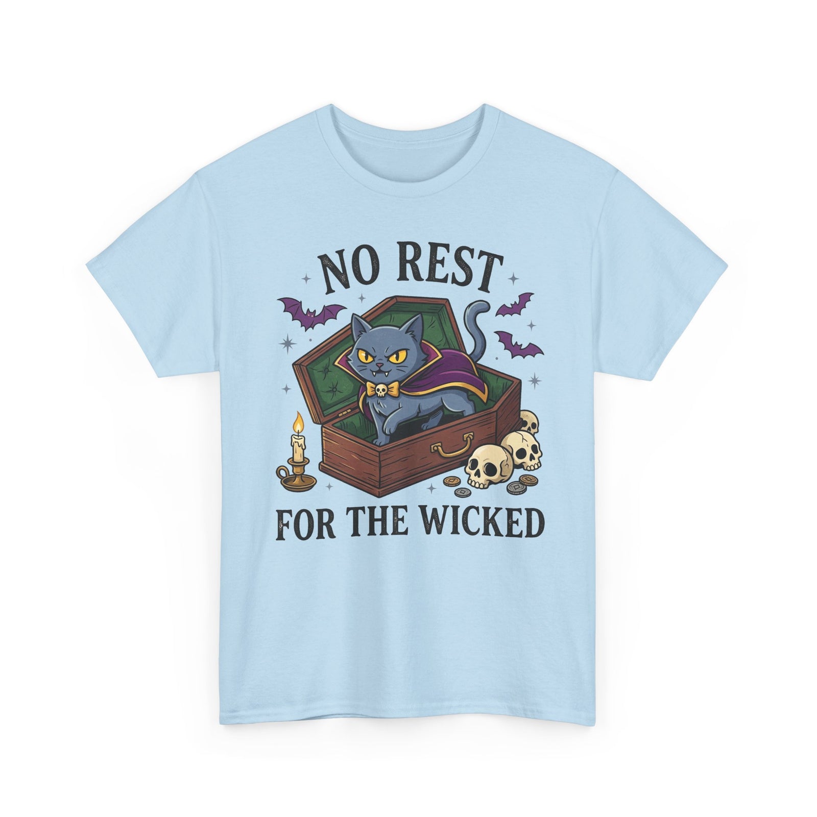 No Rest For The Wicked Cat Tee — Halloween Cat Coffin Graphic T-Shirt