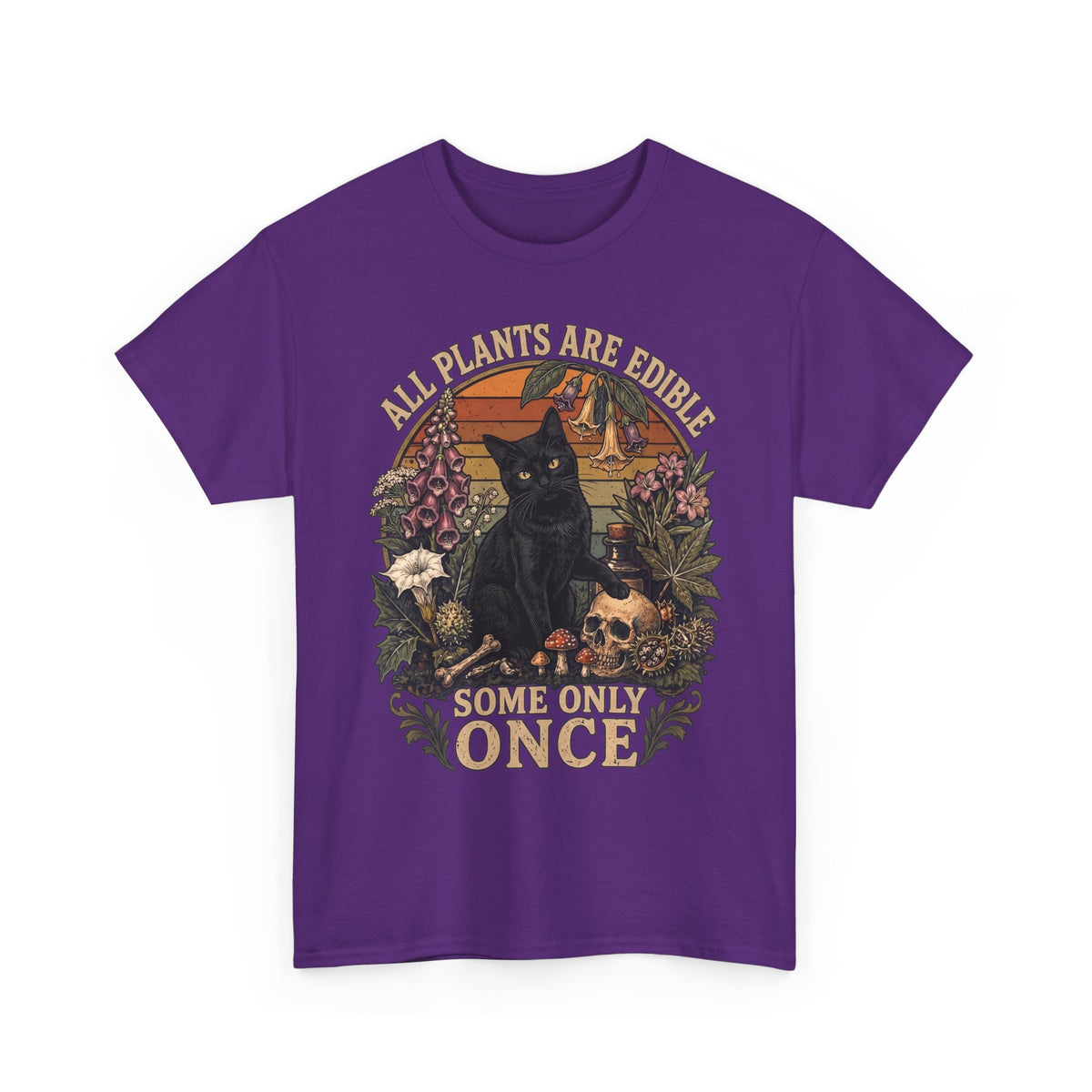 All Plants Are Edible Some Only Once T-Shirt — Funny Black Cat Botanical Tee