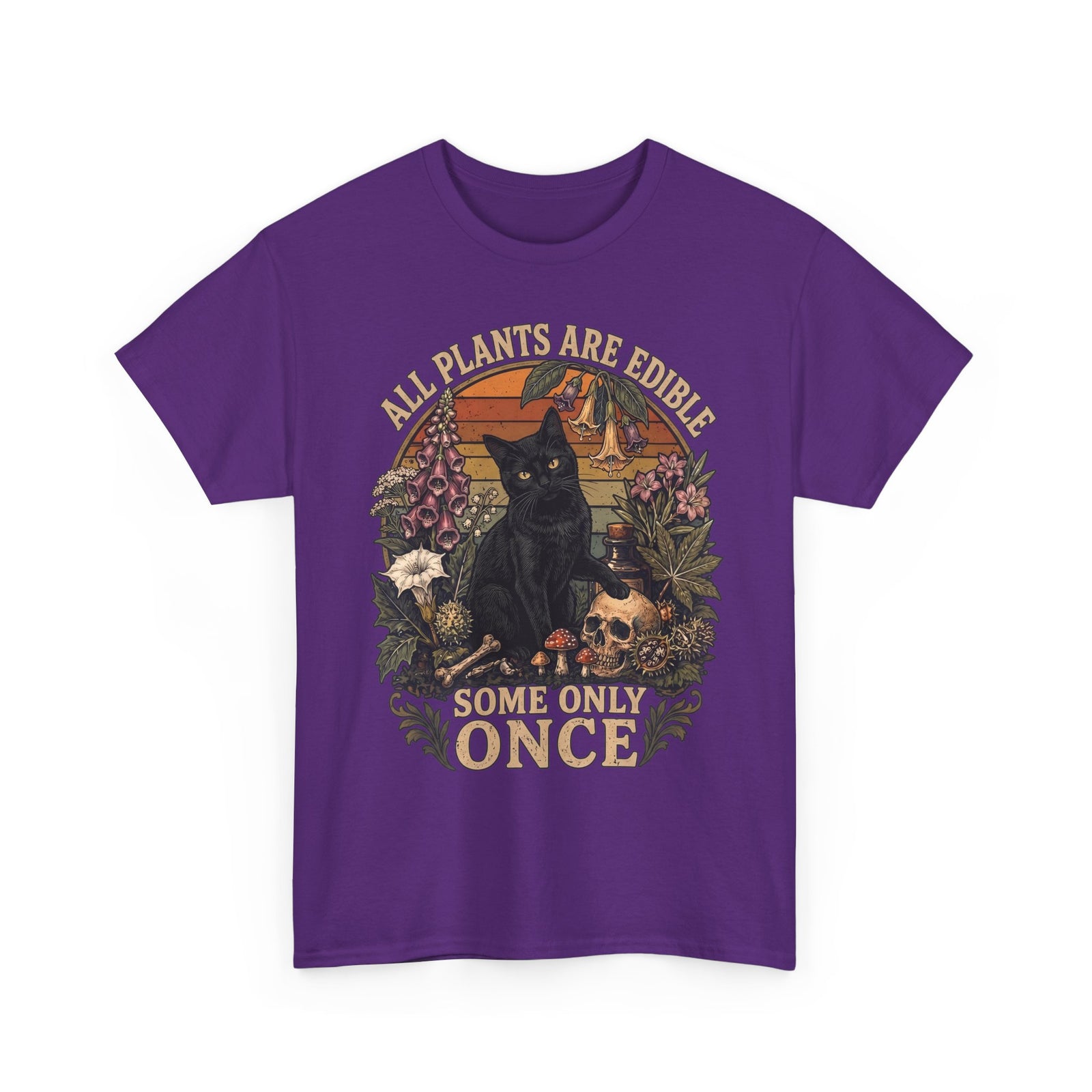 All Plants Are Edible Some Only Once T-Shirt — Funny Black Cat Botanical Tee