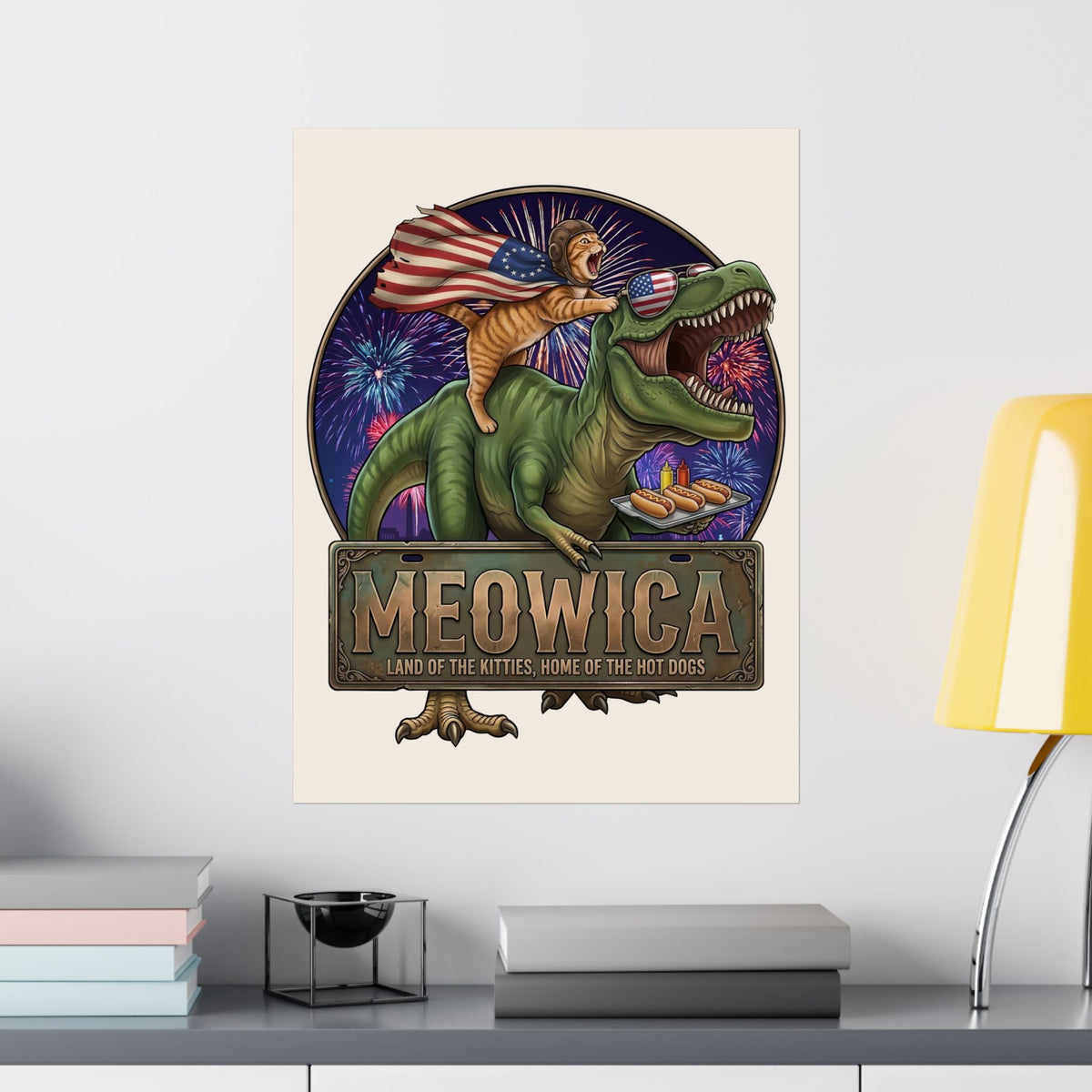 4th of July Cat Riding T‑Rex T‑Poster "Meowica: Land of the Kitties" Patriotic Graphic