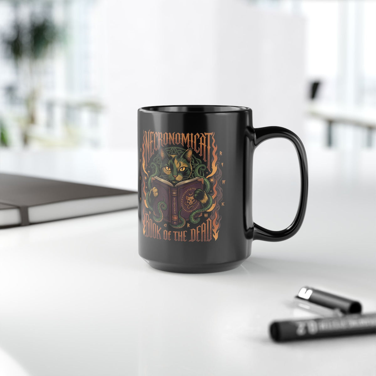 Necronomicat Occult Cat Black Mug — Dark Mystic Graphic Mug