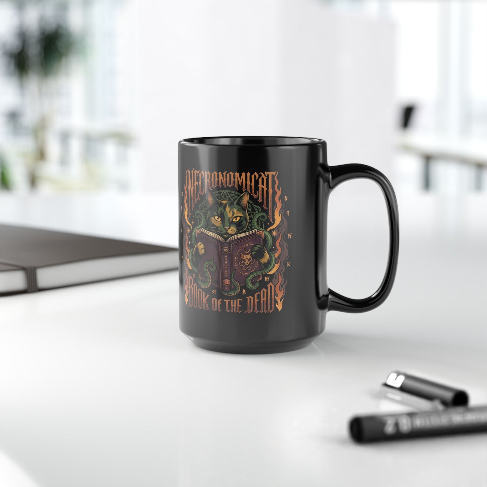 Necronomicat Occult Cat Black Mug — Dark Mystic Graphic Mug