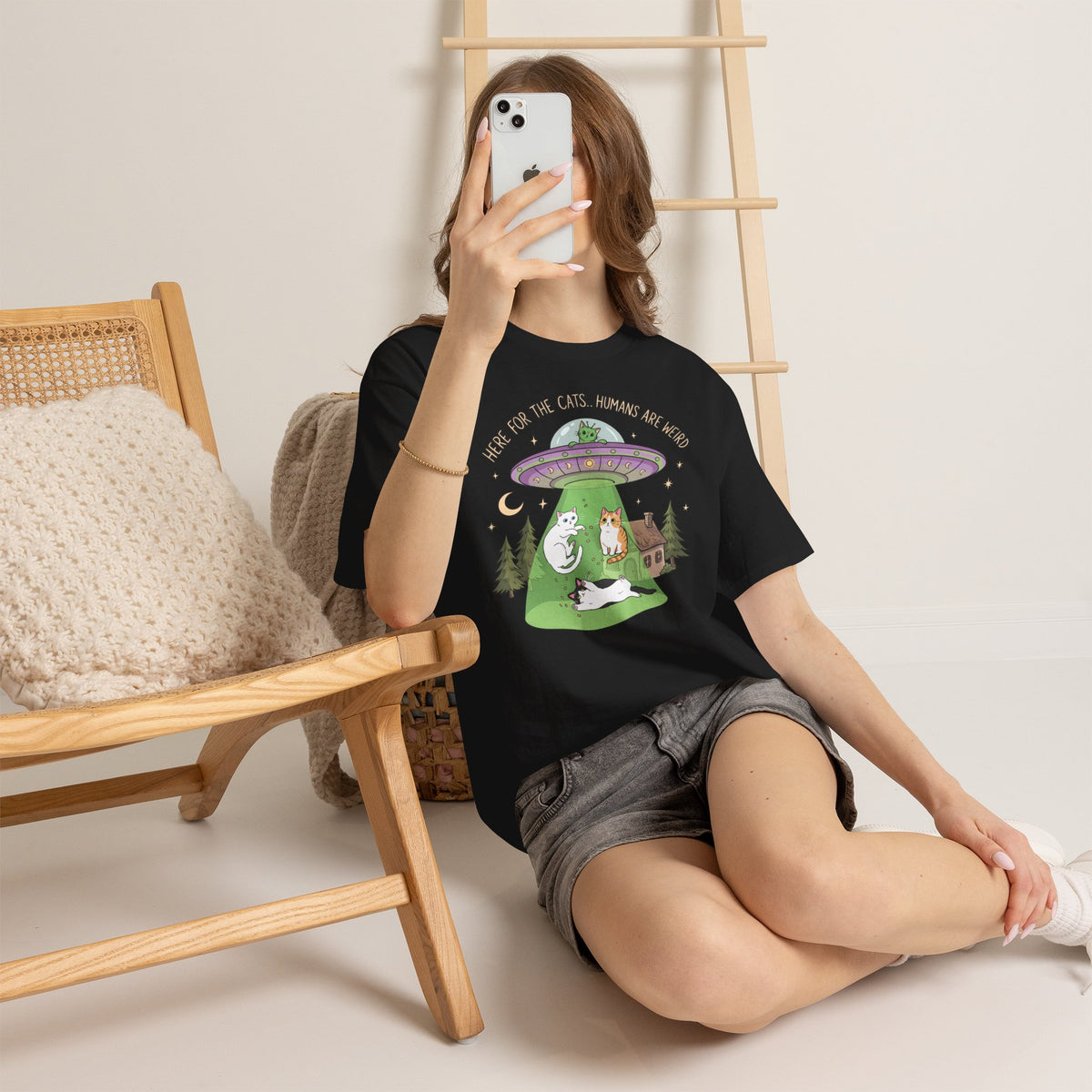 Here For The Cats Humans Are Weird T-Shirt — Funny Alien UFO Cat Tee