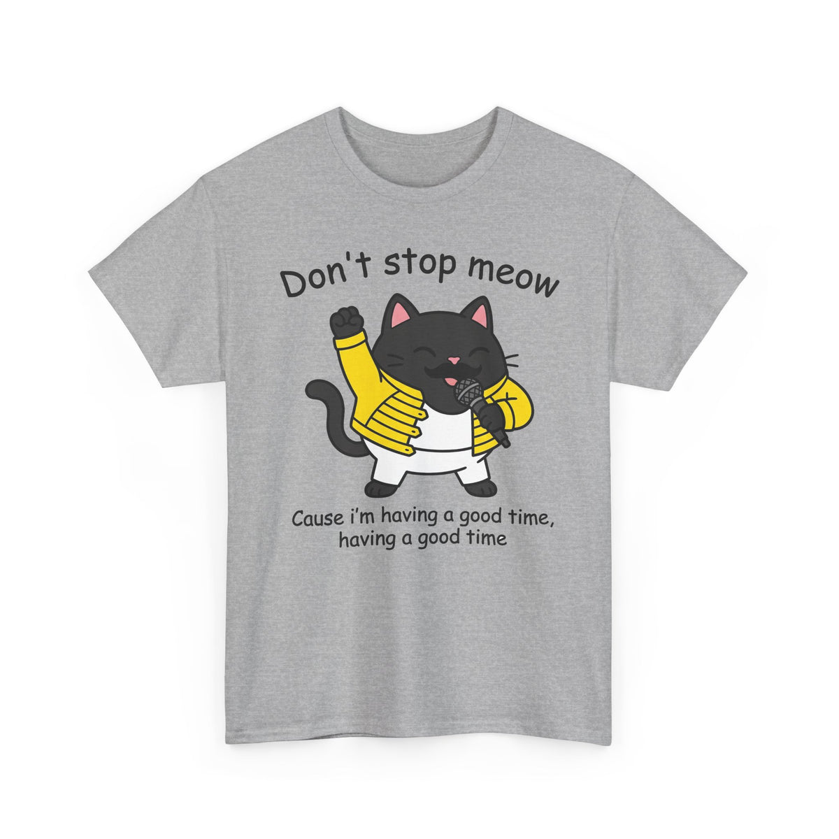 Cat T‑Shirt — "Don't Stop Meow" Cute Black Cat Singing Graphic Tee