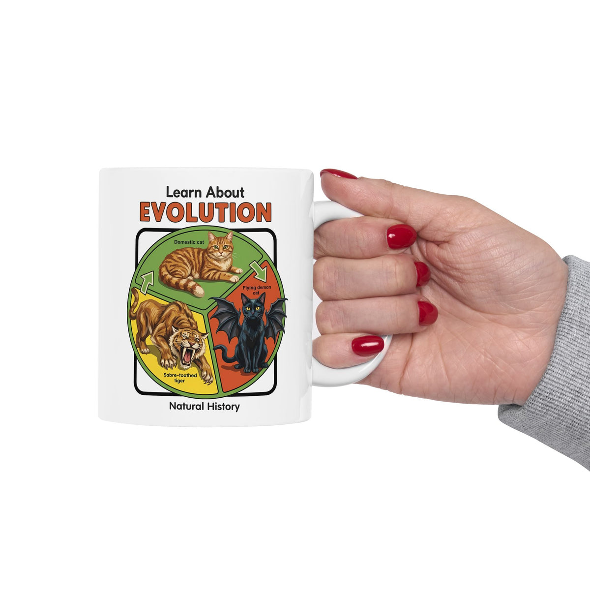 Learn About Evolution Cat Ceramic Mug — Funny Science Natural History Parody Mug
