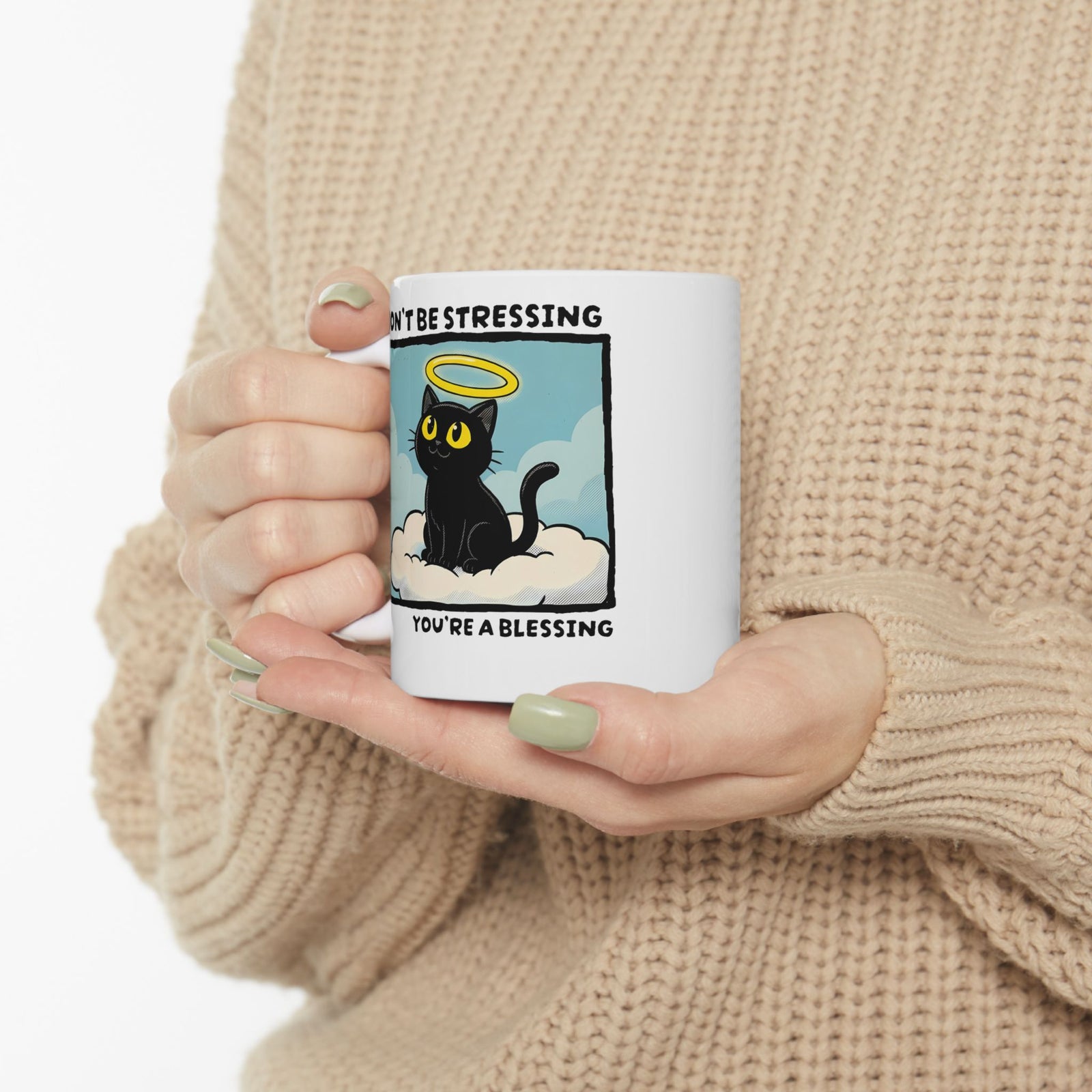 Funny Black Cat Angel Ceramic Mug “Don’t Be Stressing You’re a Blessing” Cute Cat Graphic Mug