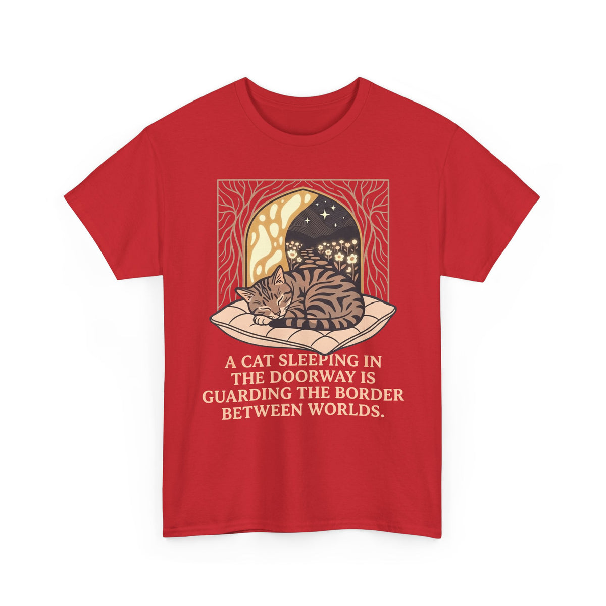 Mystical Cat Sleeping in the Doorway T-Shirt — "Guarding the Border Between Worlds"