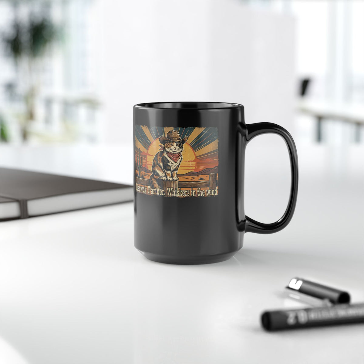Meowdy Partner Black Mug — Cute Cat Cowboy Graphic Mug