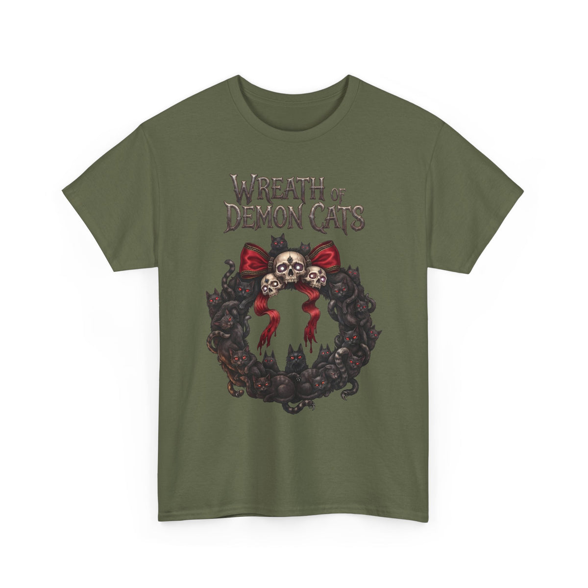 Wreath Of Demon Cats T-Shirt — Gothic Black Cat Skull Wreath Tee