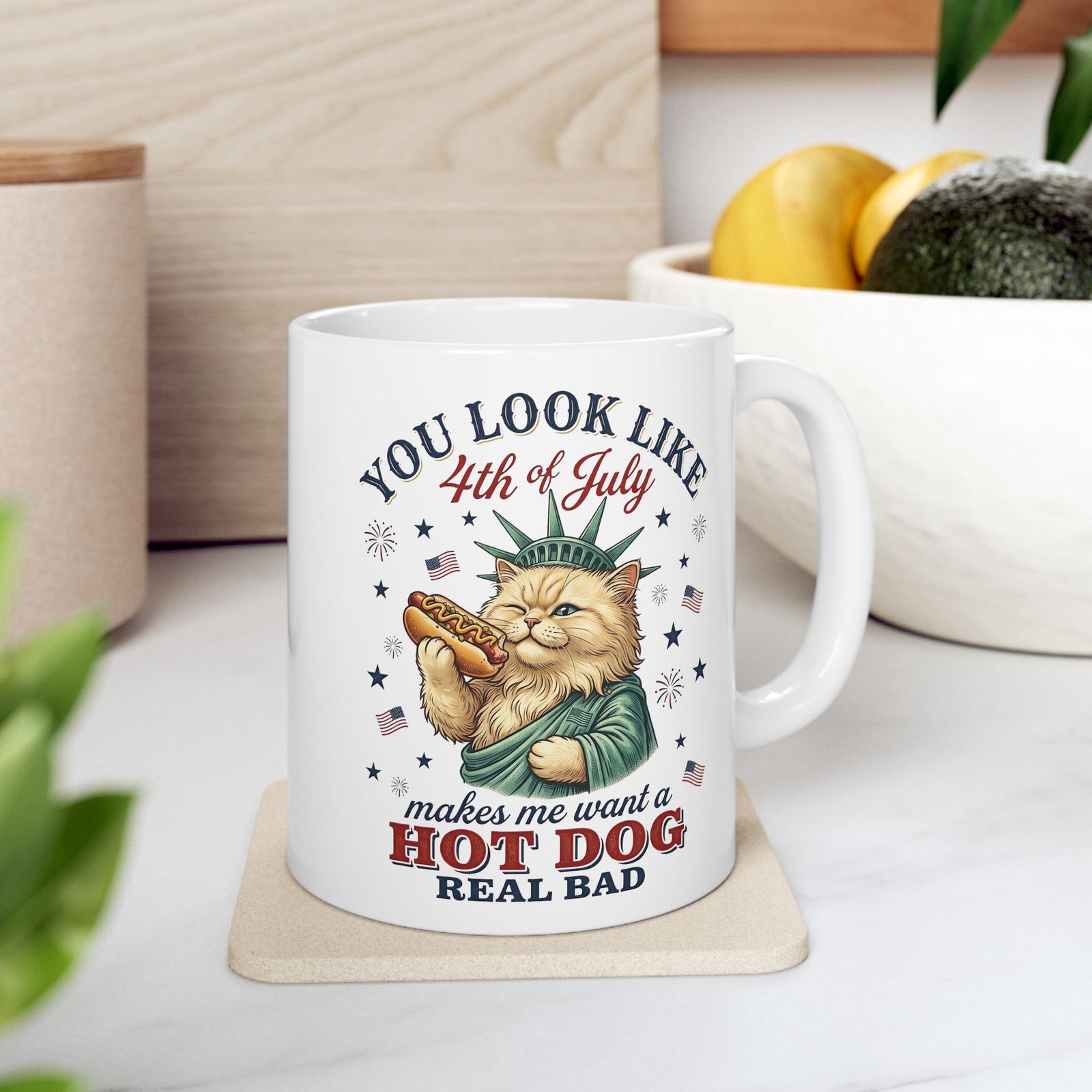 4th of July Cat & Hot Dog Ceramic Mug — Patriotic Fourth of July Mug