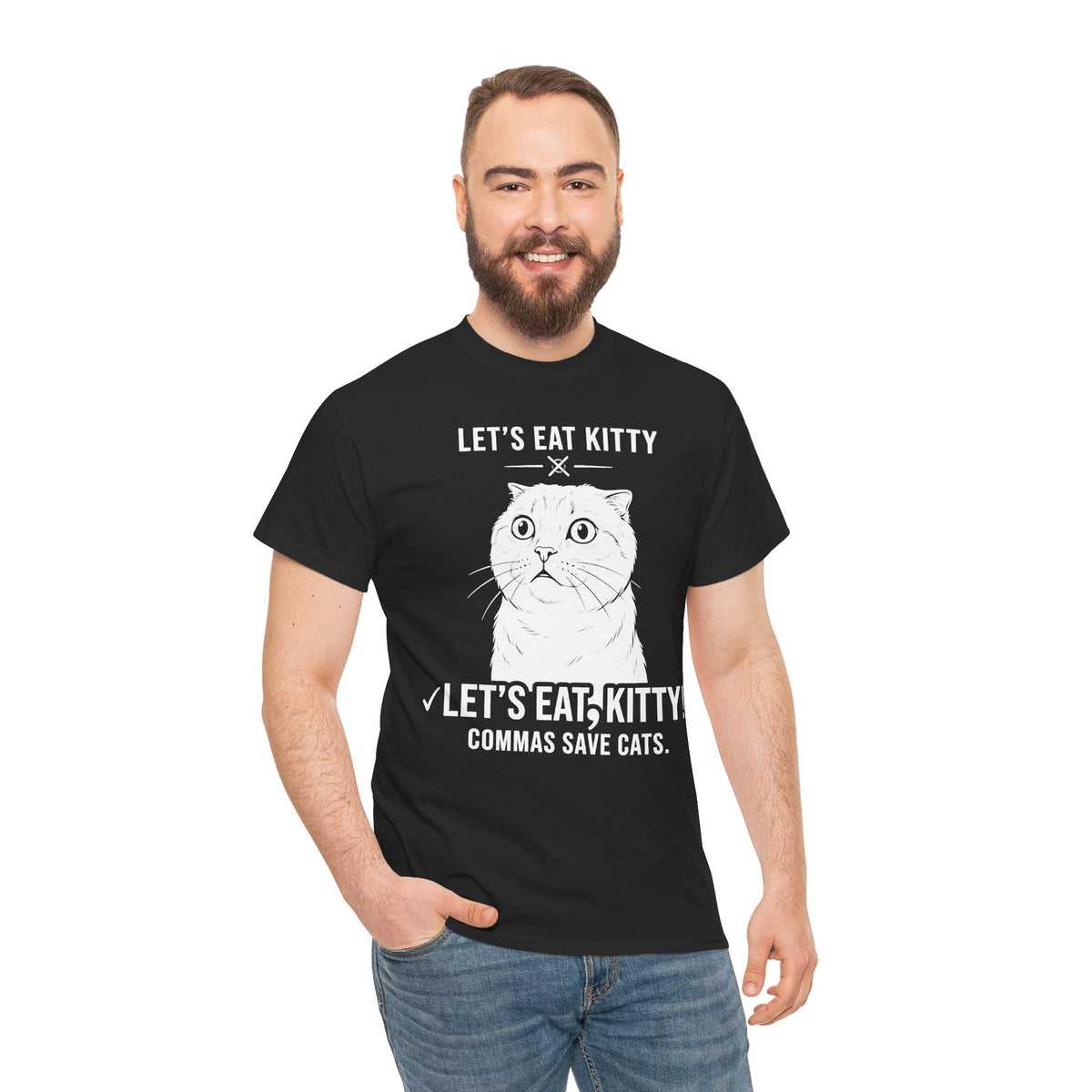 Let’s Eat, Kitty T-Shirt — Funny Grammar Cat Tee ("Commas Save Cats")