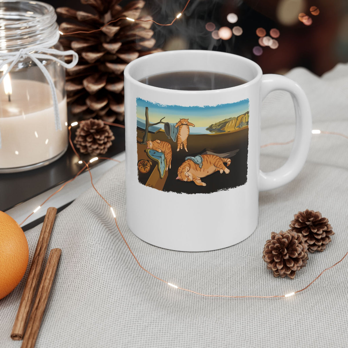 The Purrsistence of Memory Ceramic Mug — Surreal Cat Art Mug