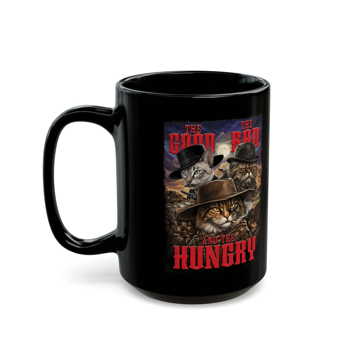 The Good The Bad The Hungry — Cat Parody Black Mug