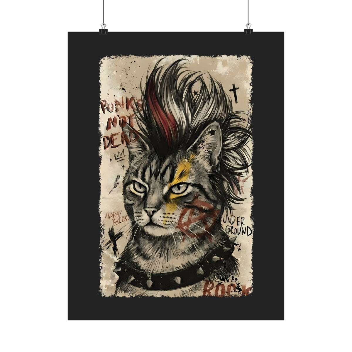 Punks Not Dead Cat Poster — Edgy Mohawk Anarchy Feline Graphic